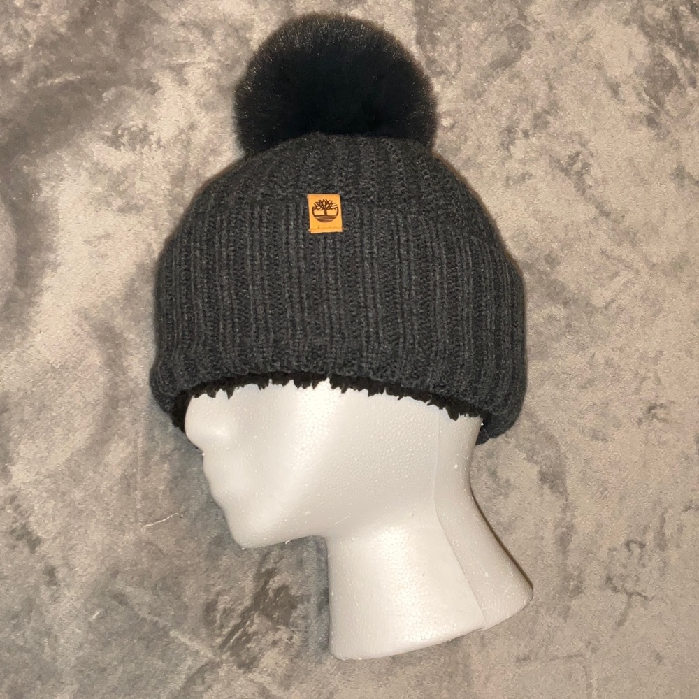 Timberland Fuzzy Lined Charcoal Knit Beanie with Pom